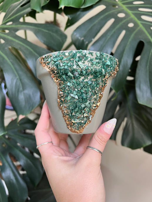 Sage Green Geode Handpainted Planter Pot - 6”