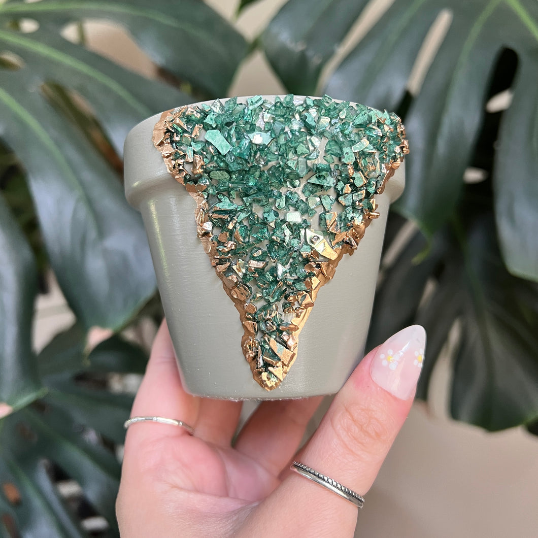 Sage Green Geode Handpainted Planter Pot - 4”